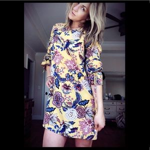 Yellow Floral Shift Dress with Peasant Sleeve